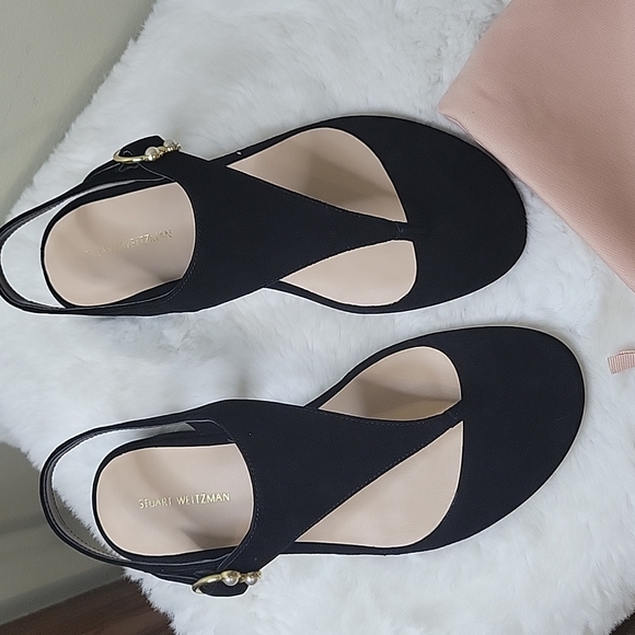 Stuart Weitzman Women's Black Pearlring T-strap Suede Sandal - Picture 2 of 6